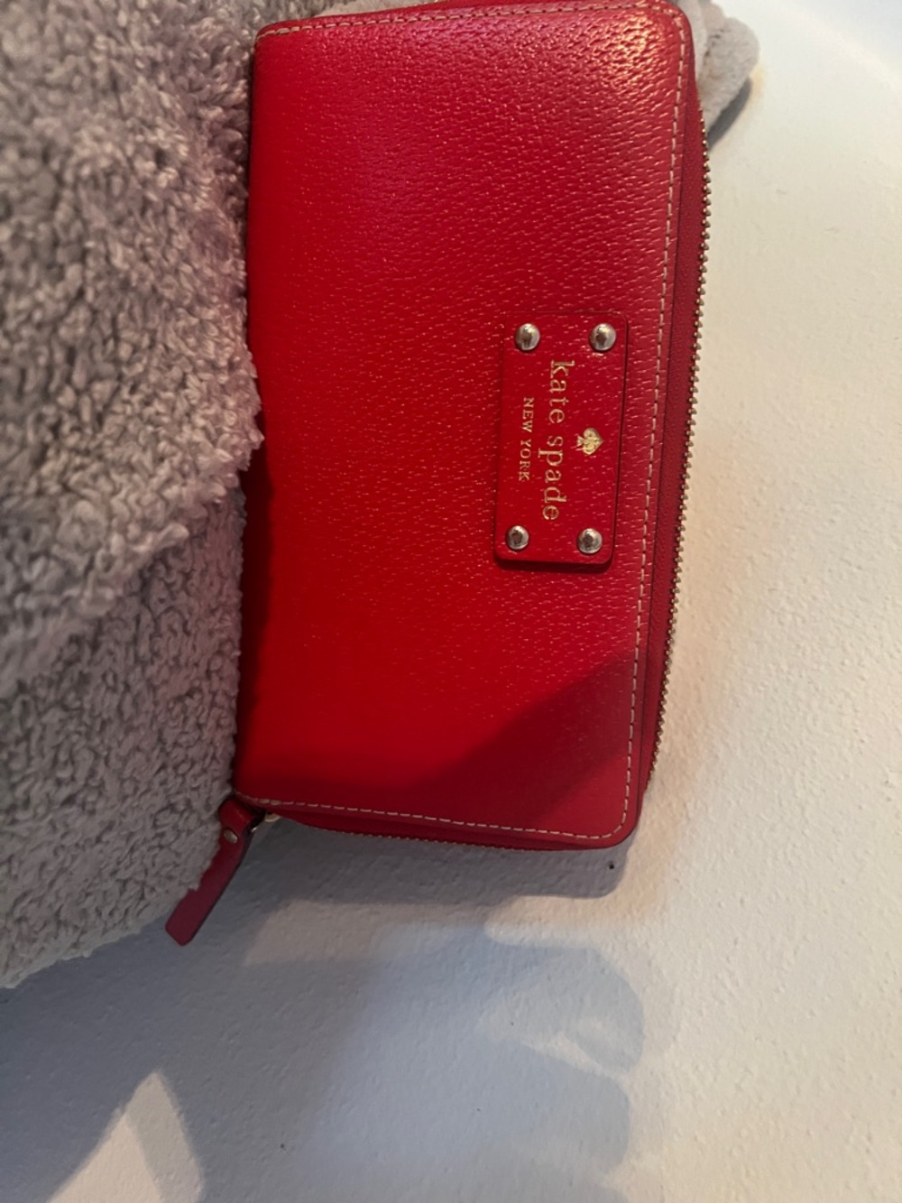 kate spade Red Pebbled Leather Zip Wallet with Gold Plate
